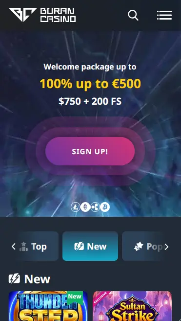 Buran Casino mobile app interface showing the pokies lobby on a smartphone