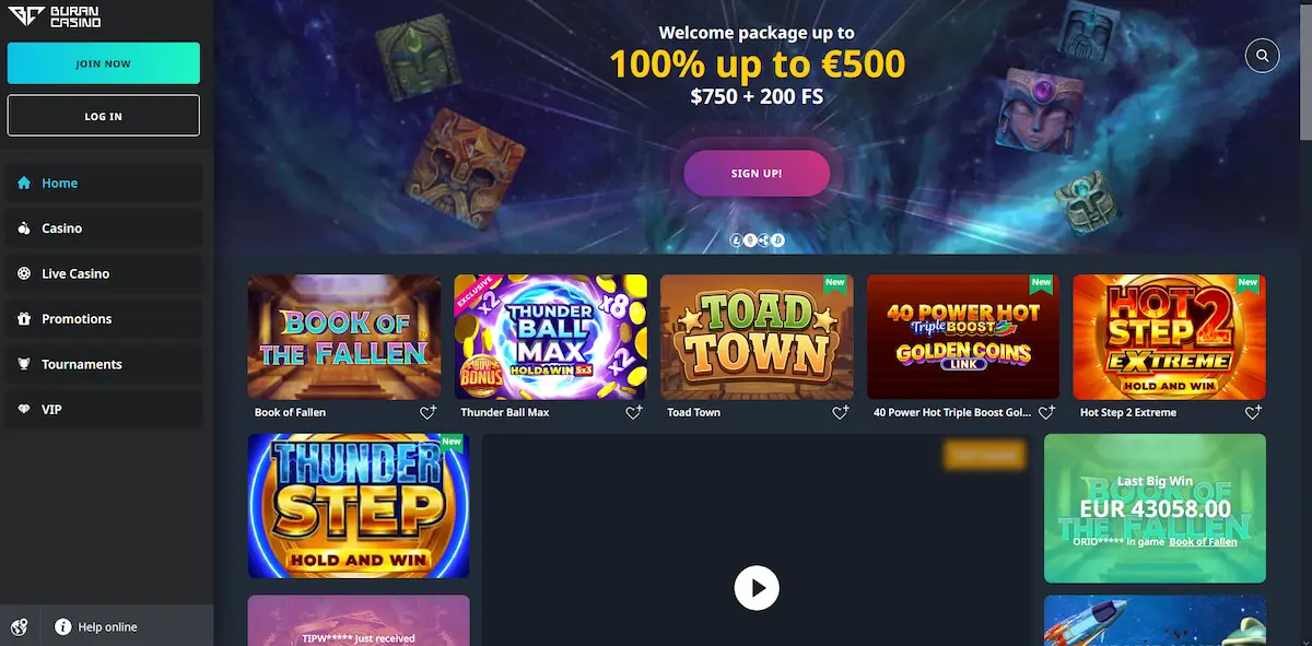 Buran Casino pokies lobby with welcome bonus banner for Australian players